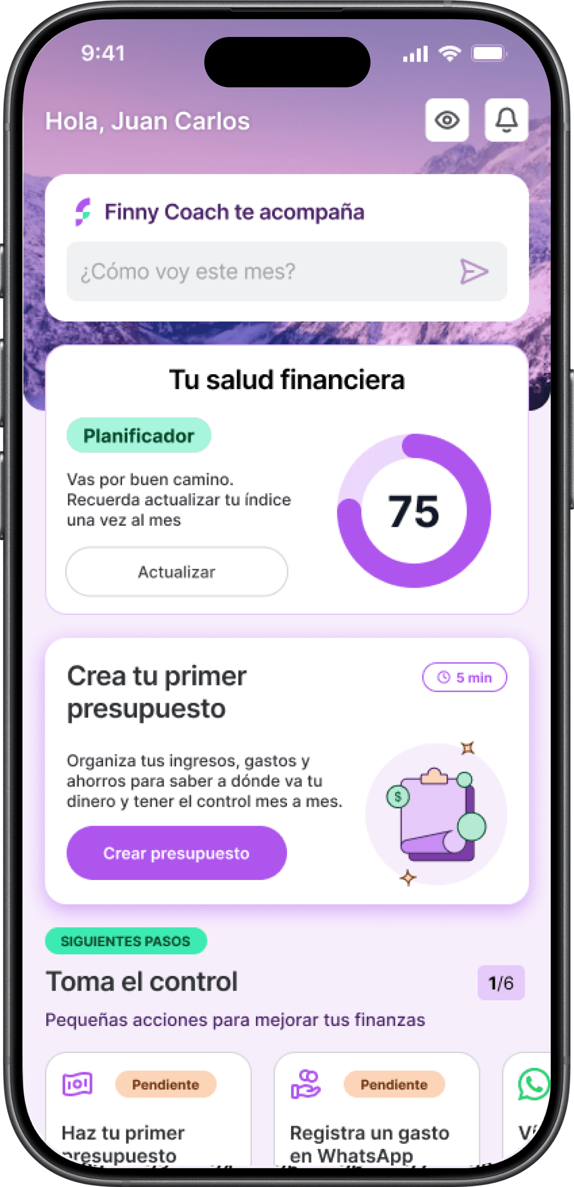 Pantalla de inicio con Finny Coach, salud financiera y presupuestos
