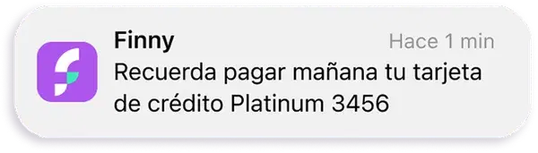 Notificación de Finny: Recuerda pagar mañana tu tarjeta de crédito