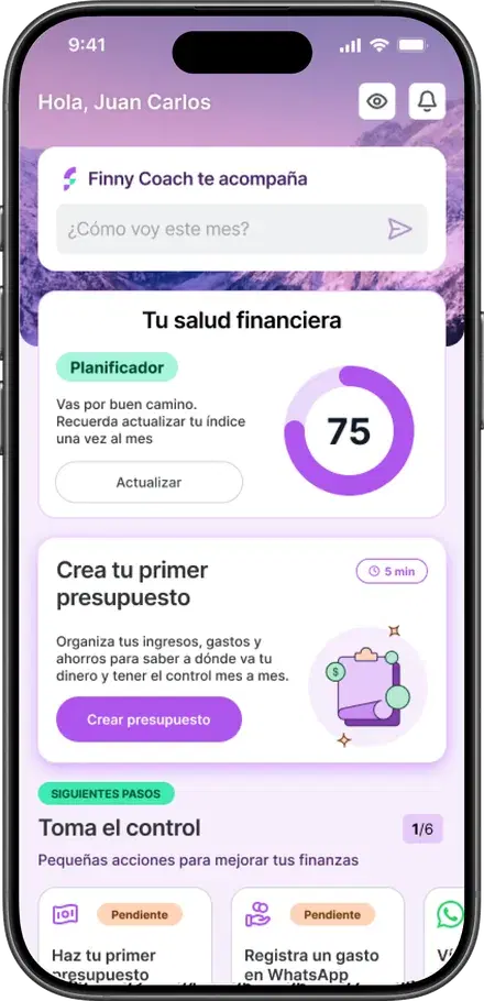Pantalla de inicio de Finny con tu salud financiera y tu presupuesto