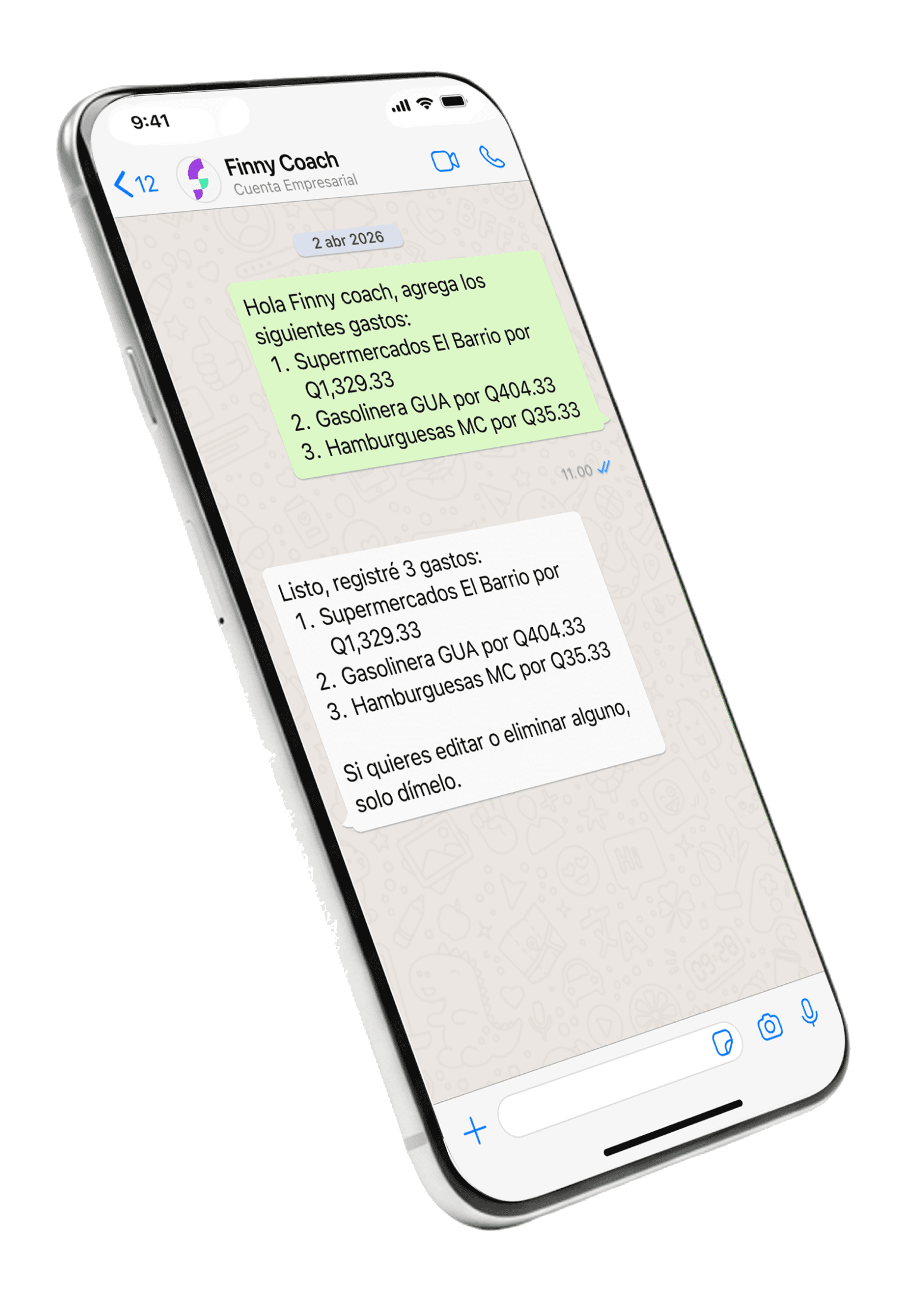 Mockup de conversación con Finny Coach en WhatsApp