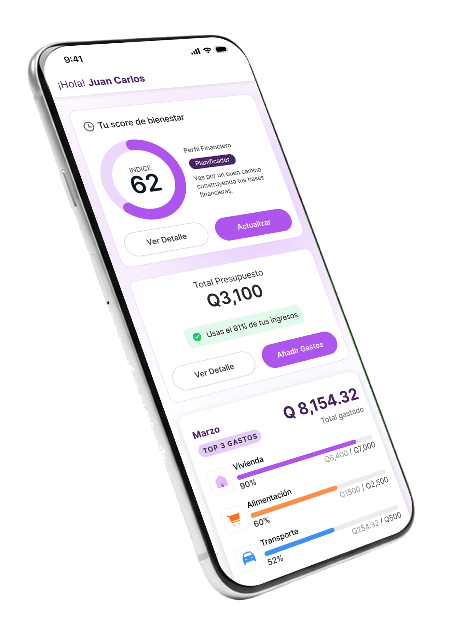Mockup del dashboard financiero con score y presupuesto