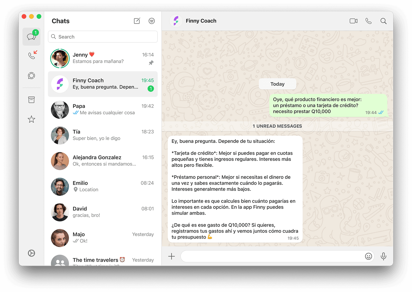 Conversación de Finny Coach en WhatsApp Desktop